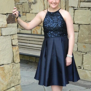 Navy Blue Sequins Halter Top Dress Prom Homecoming